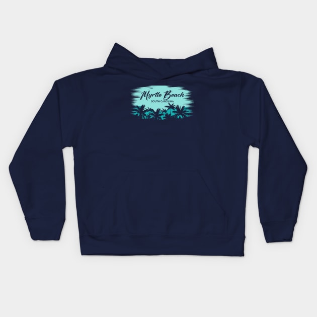 Myrtle Beach, South Carolina Vintage Beach Landscape with Palm Trees Kids Hoodie by Now Boarding